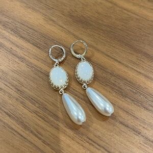 Silver Moonstone & Faux Pearl Teardrop Chandelier Earrings – Long Drop Style